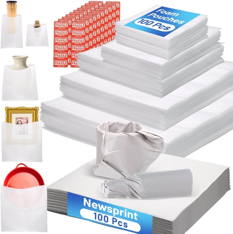 VIOBEPASS 320 Pcs Foam Pouches & Packing Paper for Moving Supplies, 5 Sizes Packing Foam Pouches, Newsprint Paper with Fragile Stickers for Protecting Dishes Cup China (16X16", 14X14",12X12", 7.8X12", 7.8X7.8") - Image 1